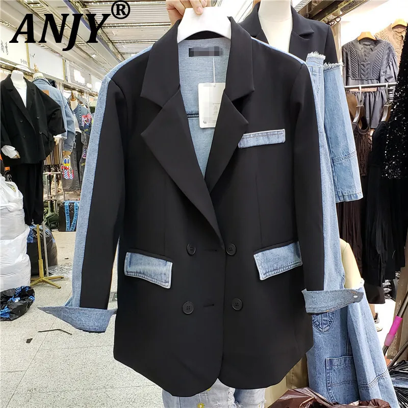 ANJY Autumn New Women Fashion Korean Versatile Color-Block Personality Denim Patchwork Casual Blazers Streetwear Chic Ins A16435