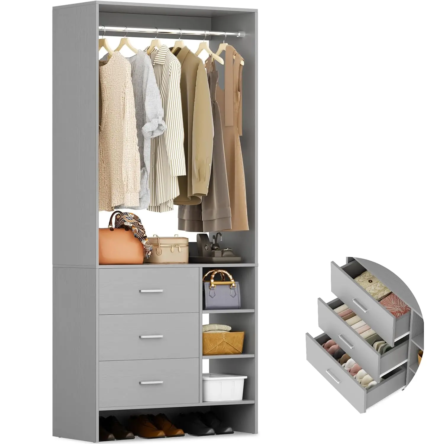 2.5FT 2.5FT Closet System with 3 Drawers, 29.5'' Wood Wardrobe with Hanging Rods for Walk-in & Small Closets, Customized - Aliexpress Deal