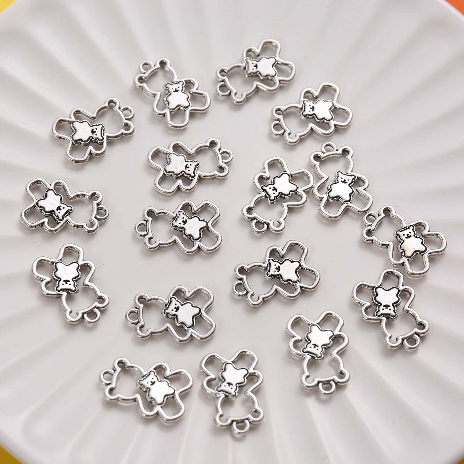 15 Pieces of Double-Layered Bear Hollow-Out Charms, Featuring a Cartoon Bear Design Embedded Within the Outer Frame, Suitable for DIY Bracelets, Necklaces, and Earrings, Cute Handmade Beaded Jewelry Accessories