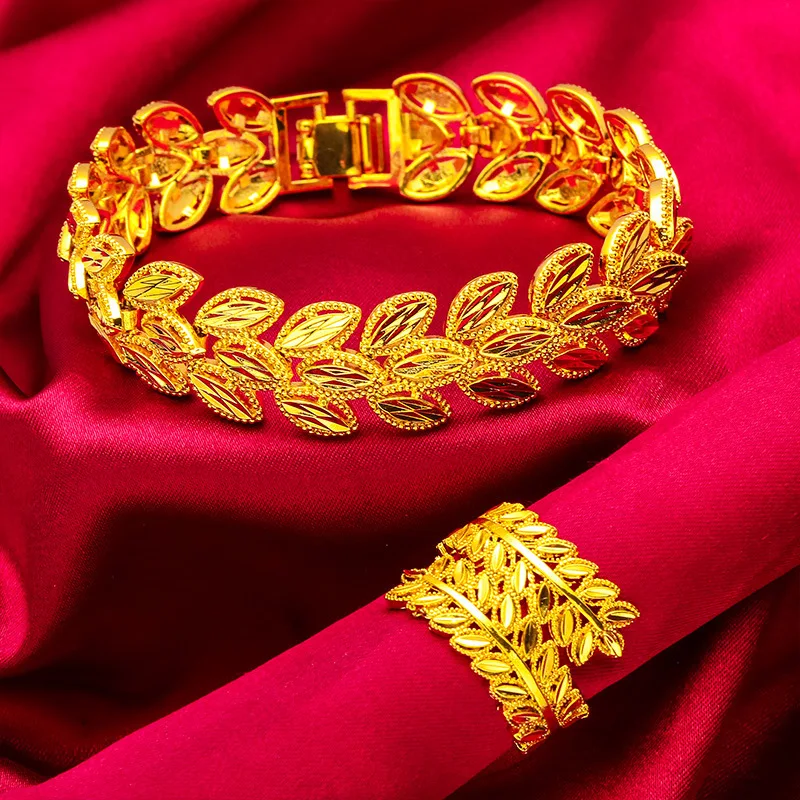 24K Gold AU999 Women's Wheat-Leaf Bracelet-Ring - Wide Edge + 3D Relief, Matte Wheat/Polished Leaf Contrast, Luxury Flattering