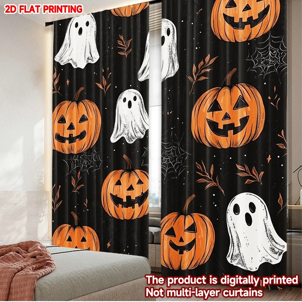 2D-Flachdruck, 2 Stück Vorhänge, Halloween-Kürbisse und Geister, digital bedruckte Polyester-Vorhänge, Feiertagsdekorationen für