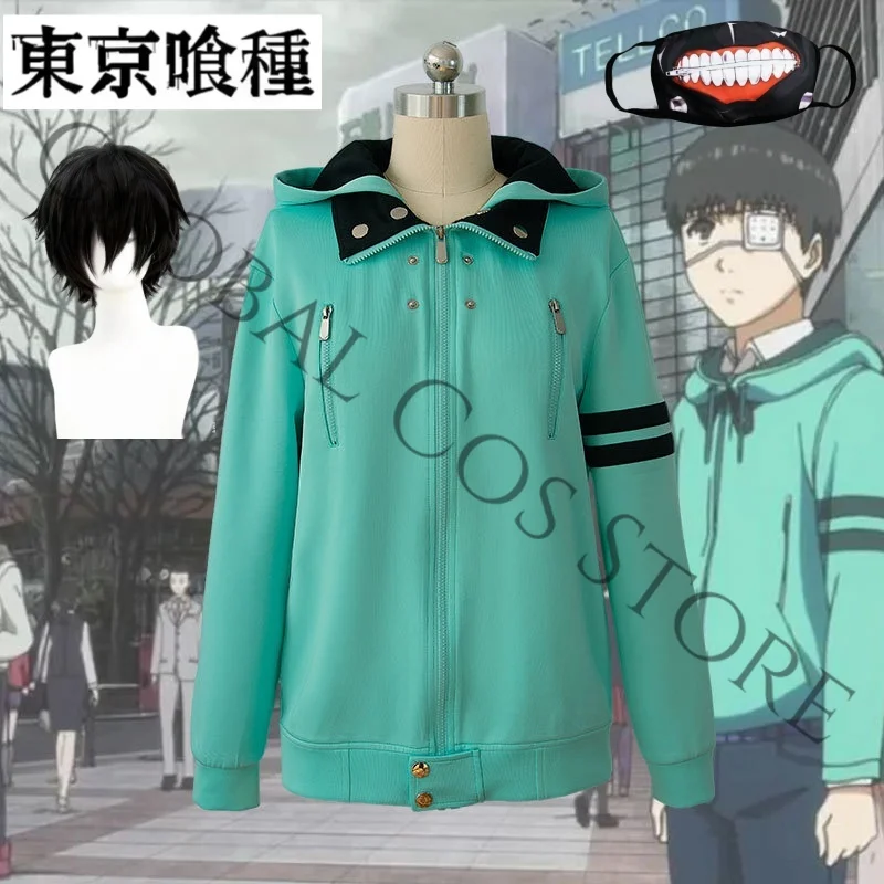 Tokyo Ghoul Ken Kaneki Cosplay Costume Wig Green Unisex Hooded Jacket Toothed Mask Set for Daily Outfit Comic Con Roelplay