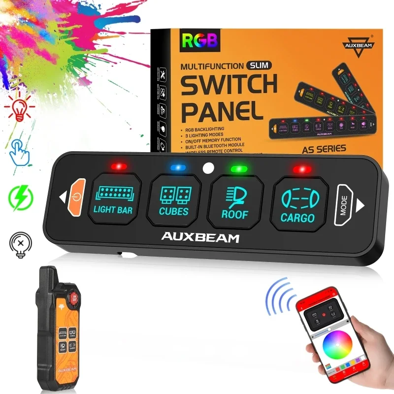 

Auxbeam RGB Switch Panel with APP&Remote Control Toggle/Momentary/Pulsed Mode Supported Switch Controller (One-Sided Outlet)