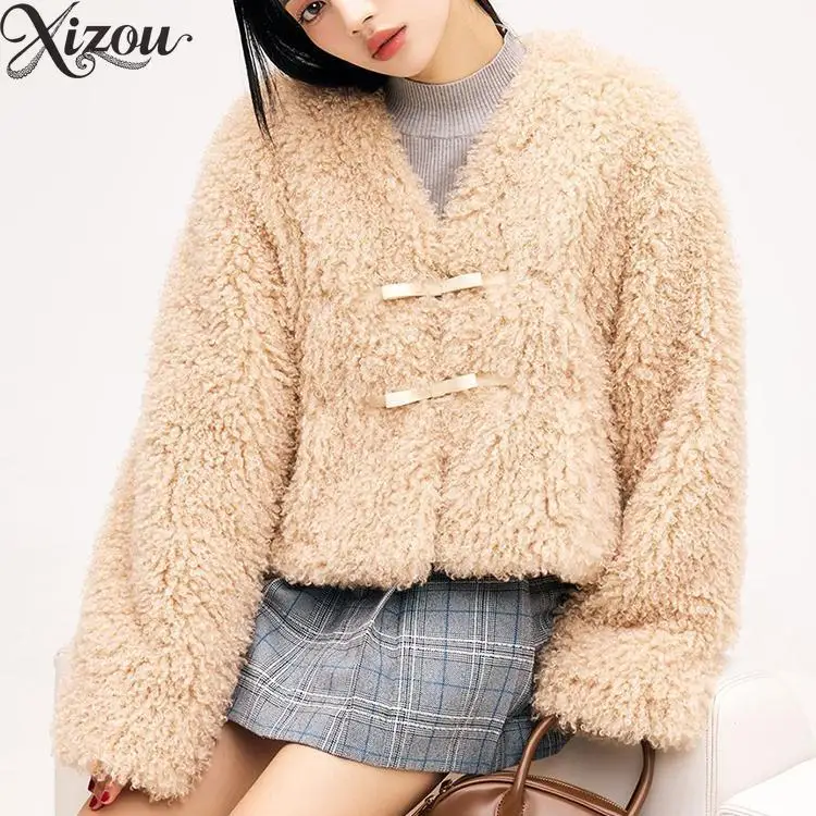 

Теплые пальто в японском стиле, милые плюшевые короткие толстые куртки, куртка из искусственного меха с v-образным вырезом и бантом, повседневная зимняя женская одежда