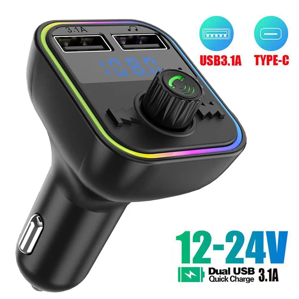 

Car Bluetooth 5.0 FM Transmitter PD Type-C Dual USB Player MP3 Modulator Colorful Handsfree Fast Ambient Light Charger 3.1A B5A2