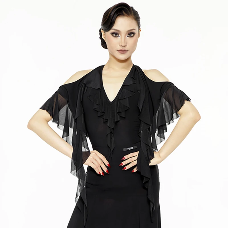 

2024 Black Ballroom Dance Clothes Irregular Ruffled Tops Skirt Adult Waltz Dance Performance Costume Latin Tango Dress DNV21029