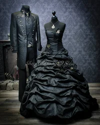 Classic Black Punk Wedding Dresses Vintage Gothic Corset Lace Up Pleated Poncho Stereo Floral Victorian Bridal Customised