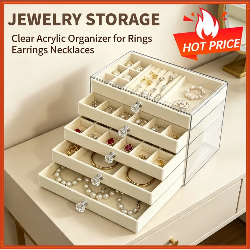 Large Capacity Multi-layer Velvet Acrylic Jewelry Box Transparent Organizer for Earrings Necklaces Storage