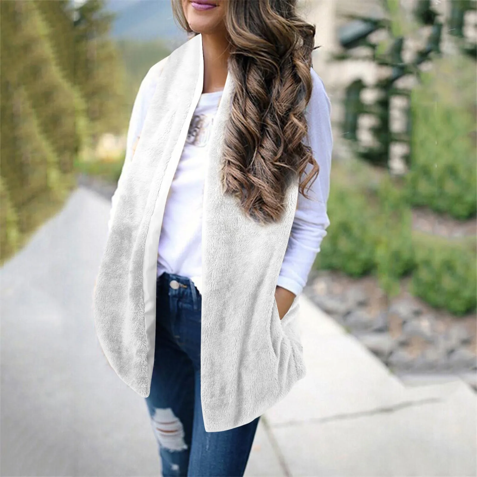 Fall Winter Warm Women Fleece Outwear Vests Faux Furry Sleeveless Coat With Two Pockets Artificial Wool Open Front Vest Coat