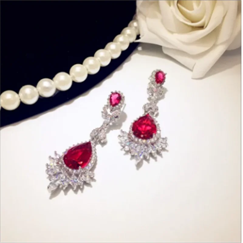 S925 Sterling Drop Earrings For Women Ear Studs Fine Jewelry Luxury Red Cubic Zirconia Temperament Brincos High Quality