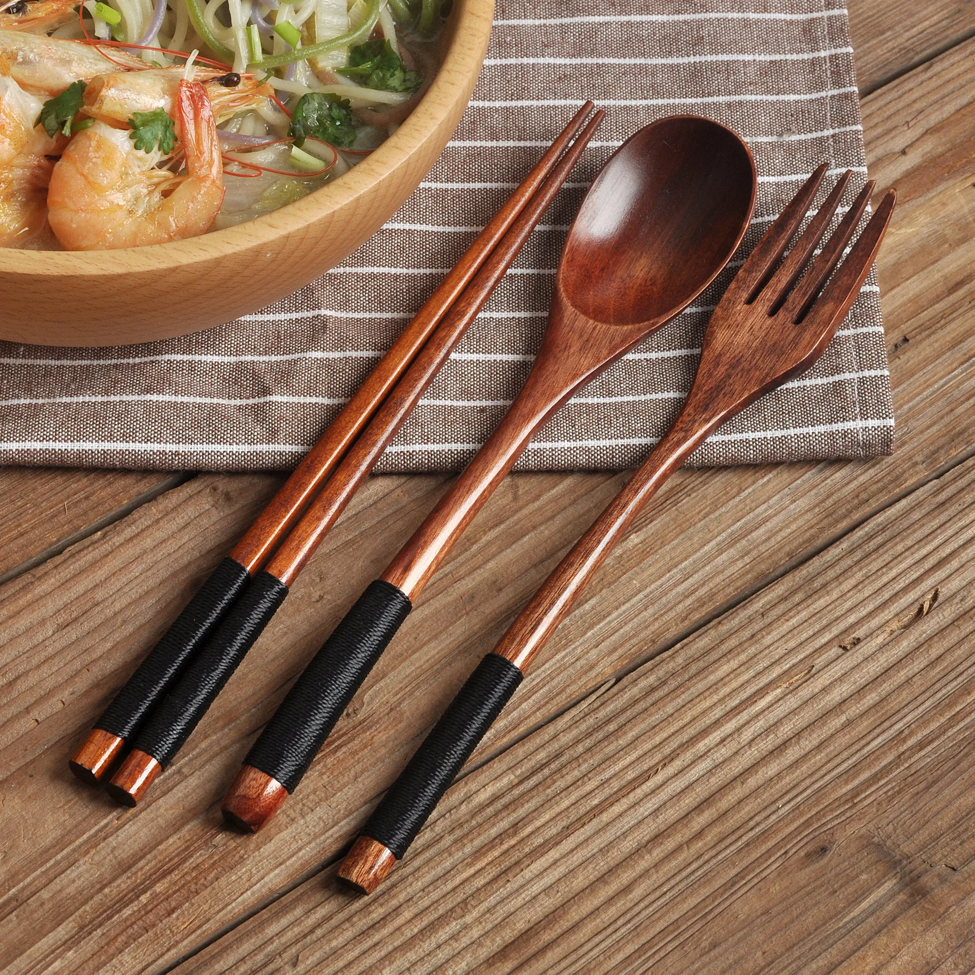 Portable Wooden Utensil Set 1Pcs Japanese Style Thread Wrapped Spoon Fork Chopsticks Lightweight Reusable with Storage Pouch