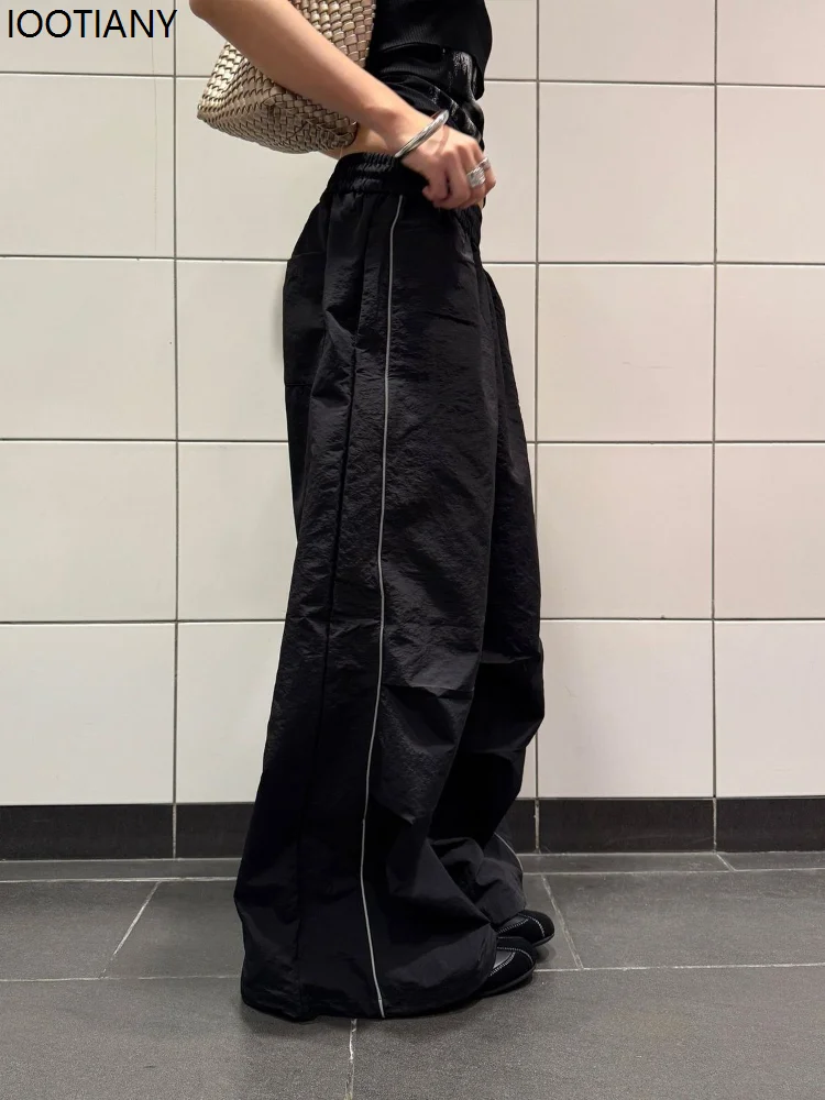 Vintage Pattern Embroidery Women's Drape Wide-leg Pants Elastic Waist Jogging Parachute Pants Loose Casual Streetwear Trousers