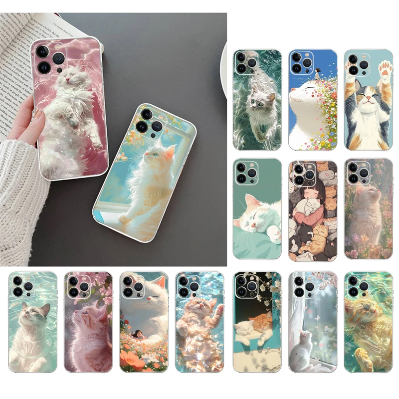 

Cute white cat Phone Case For iPhone 16 15 13 14 11 12 Pro Max 16 14 12 13 Pro 15 Plus Silicone Cover