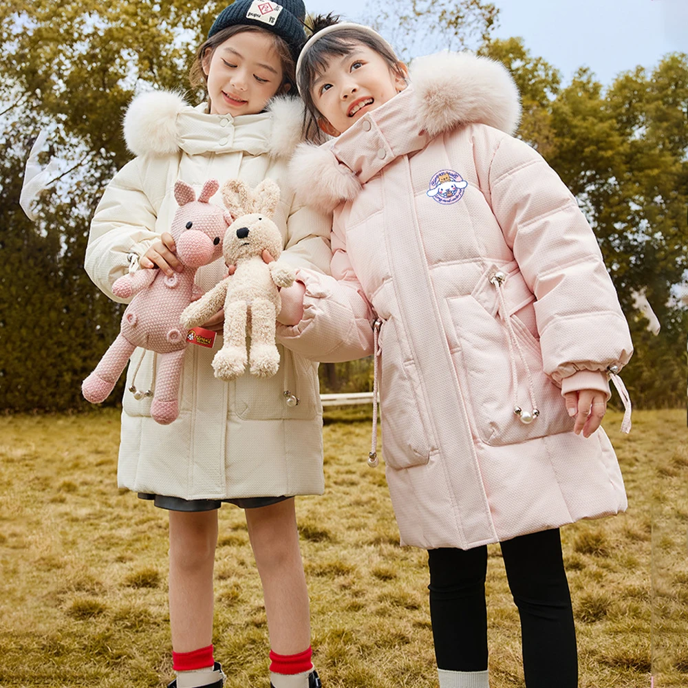 Cinnamoroll Hello Kitty Kids Long-Style Down Jackets Anime Sanrios Kuromi Winter Jacket Girl Plush Collar Hooded Overcoat Warm