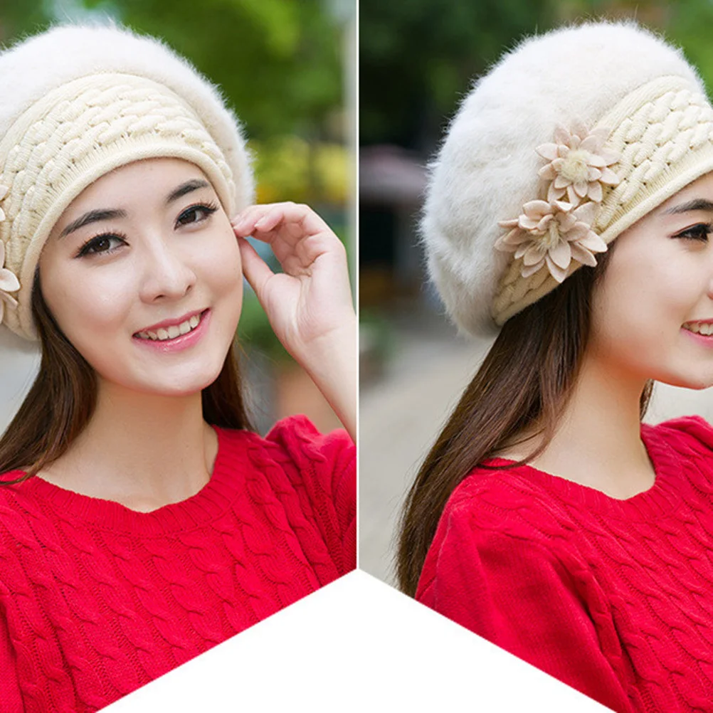 

Flower Beret Hat For Women Thickened Warm Knitted Wool Cap Winter Outdoor Sports Snow Camping Activities