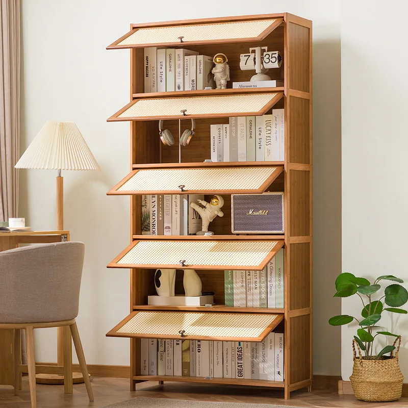 Modern Simple Living Room Bamboo Bookcase with Door Dustproof Shelf Cabinet Solid Wood Floor-standing Storage Cabinet