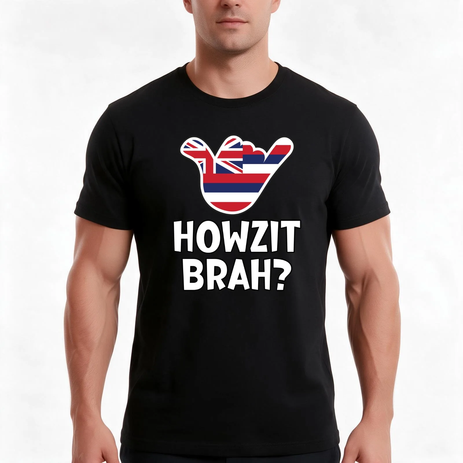 Howzit Brah? Hawaiian greeting and shaka sign with the flag of Hawaii placed inside T-Shirt, Summer Casual Cotton Tee