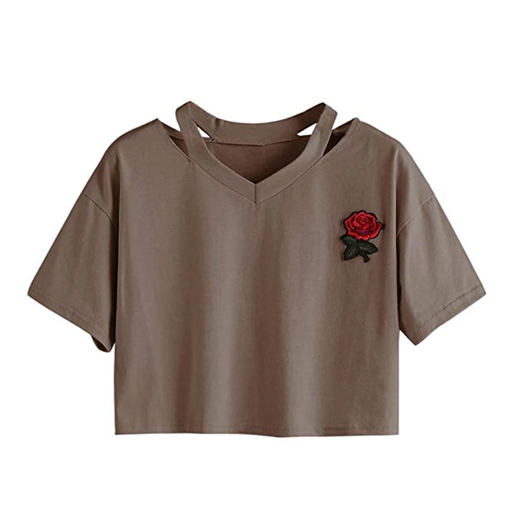 Camicetta da donna sexy con scollo a V ricamato rosa corta da donna