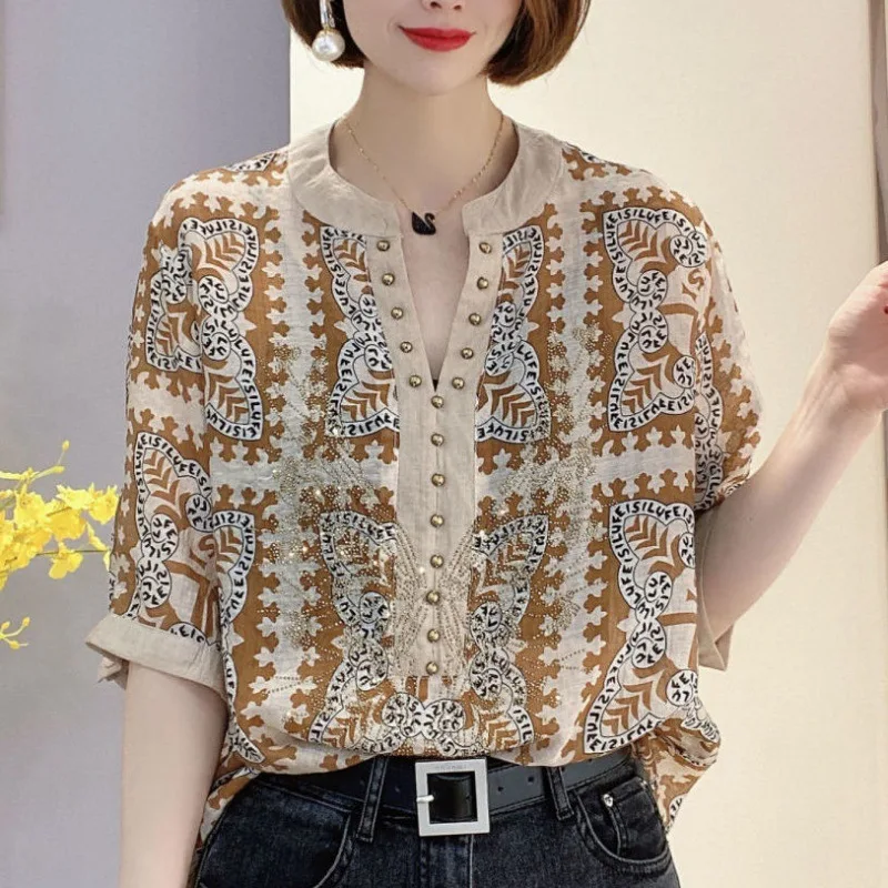 Summer new European and American ethnic style diamond printed short sleeved shirt
