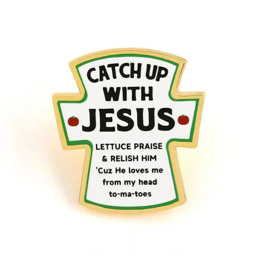 Catch Up With Jesus Cross Brooch Christian Humorous Lettuce Praise Tomato Pun Enamel Pin Religious Faith Lapel Badge For Clothes