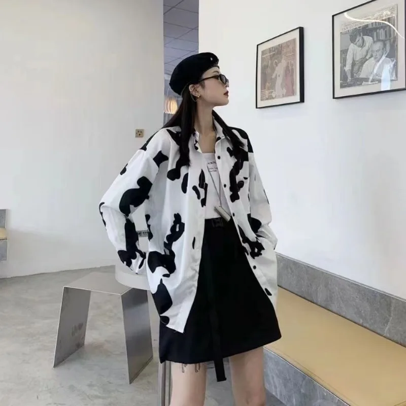 DAYIFUN Women Blouse Summer Oversize Milk Cow Print Lapel Silk Shirts with Pocket Short Sleeve Casual Female Top Cardigan Blusas