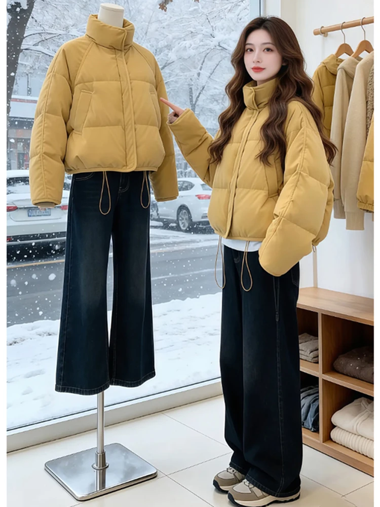 

Yellow Short Puffer Jacket Women's Thickened Warm Cotton down Bread Style Coat Korean Version Loose Fit Winter New Arrival
