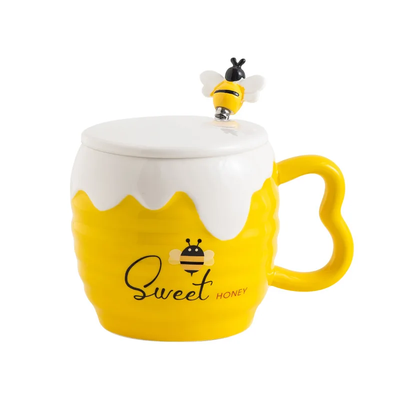 450ml Creative Ceramic Cup with Lid Cartoon Cute Bee Mug Office Coffee Cup Gift Water Cup