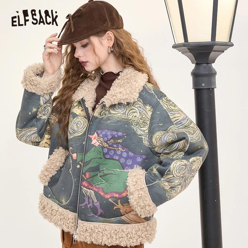 Elfsack 2024 inverno recém chegados original impressão completa de pelúcia engrossado casaco para mulher retro bruxa impressão com zíper costura pele