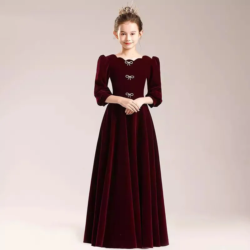 Children's Dress for Girls, Little Girl's Velvet Dress for Hosting, Recitation, Piano Performance, Student Choir Dress, Long Sle