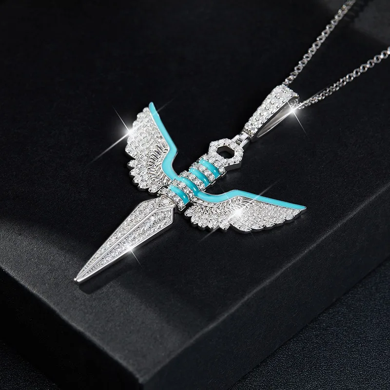 S925 Silver Enamel Wing Darts Moissanite Pendatn Necklace for Women Men Jewelry White Gold Plated Charm Necklaces Pass Tester