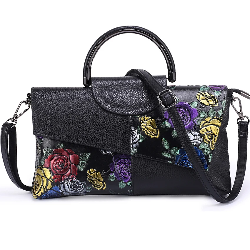 Floral Pattern Women Cow Leather Clutch Bag Patchwork Genuine Leather Tote Handbag Ladies Cowhide Shoulder or Crossbody Bags