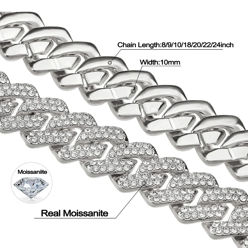8-14mm Straight Edge Moissanite Cuban Link Chains S925 Silver 2 Row Necklace Bracelet for Women Men Hip Hop Party(Customize)