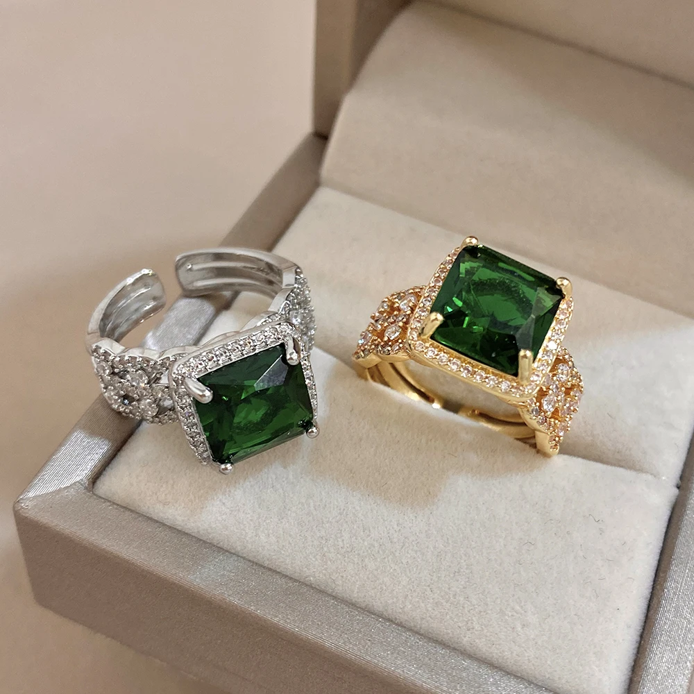 DODOHAO Vintage Green Square Zircon Multi-layer Hollow Copper Ring for Women Luxury Waterproof Wide Open Ring Lady Jewelry Gift