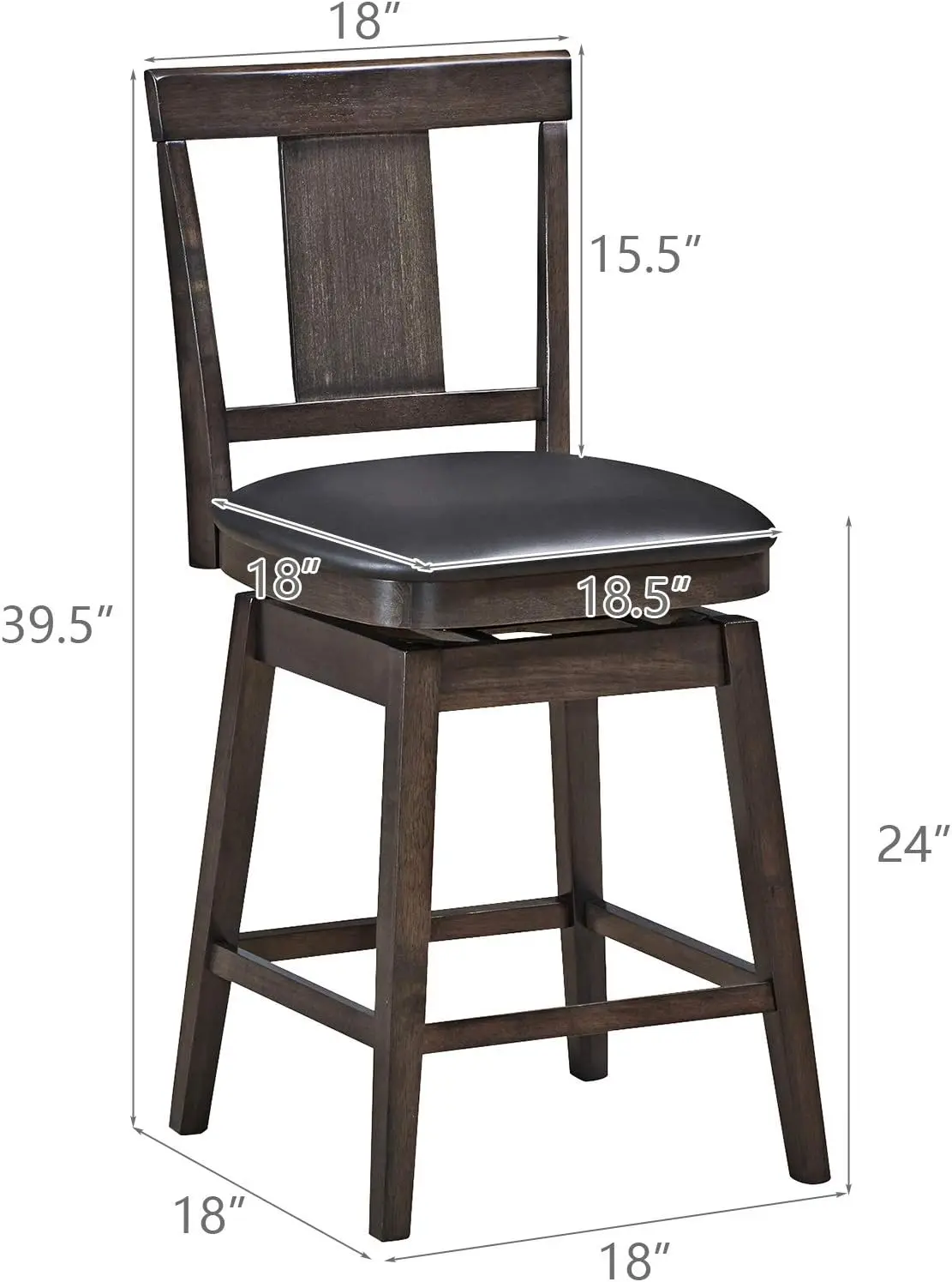 COSTWAY Bar Stools Set of 4, 360 Degree Swivel, Wooden Counter Height Bar Stool, Leather Padded Seat, Single Slat Back & Solid