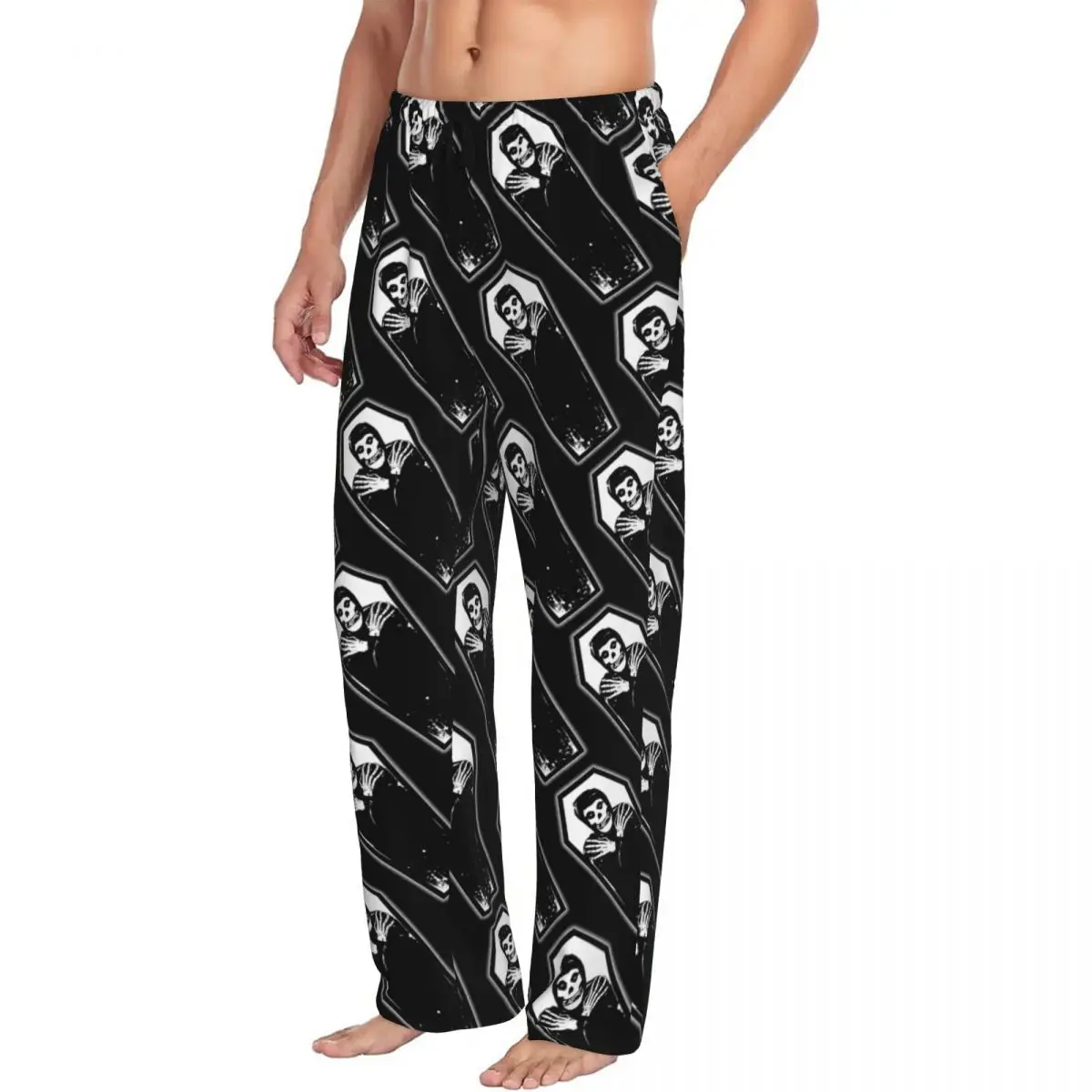 Custom Heavy Metal Misfits Skull Pajama Pants for Men Lounge Sleep Stretch Sleepwear Bottoms with Pockets view 2