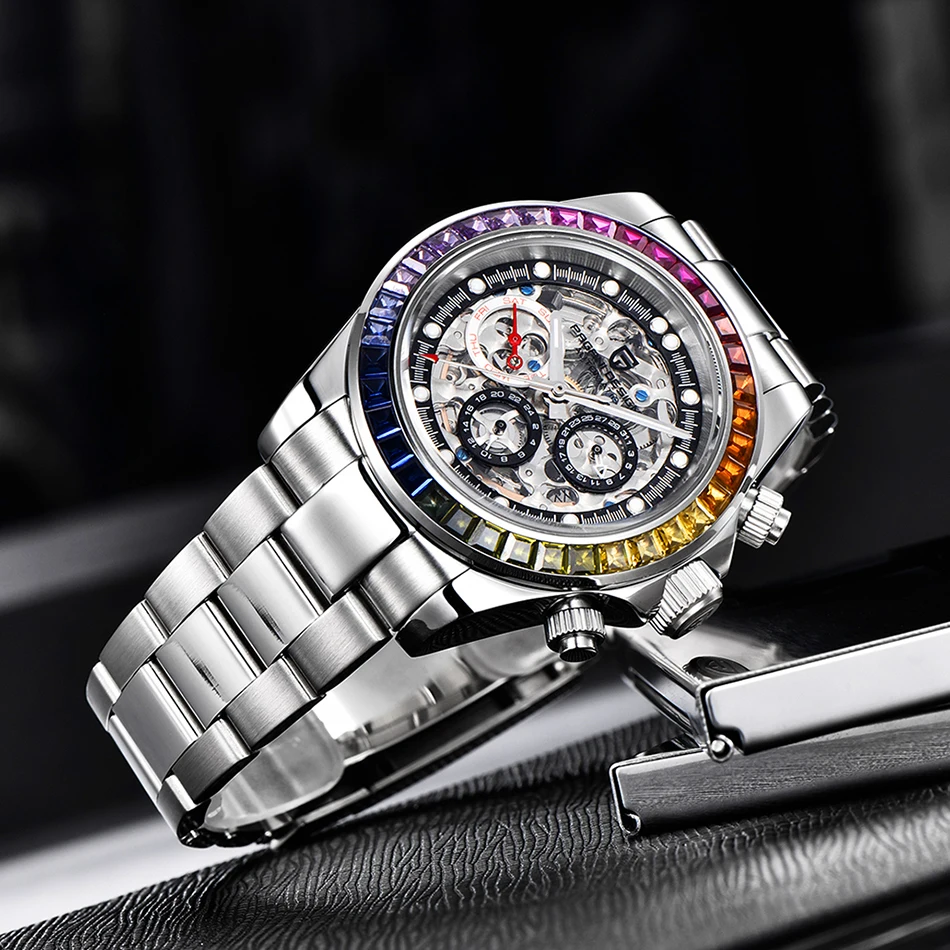 Top Luxury Brand Mechanical Automatic Watch Men Ceramic Bezel Rainbow Business Waterproof Watch