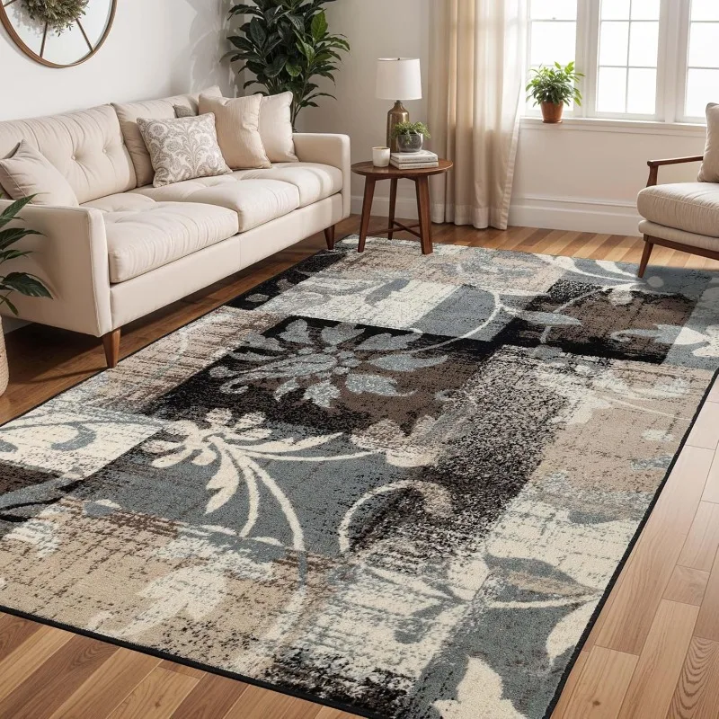 Indoor Area Rug, Jute Backed, Perfect for Office, Living/Dining Room, Bedroom, Kitchen, Hallway,Modern Floral Patchwork Decor,