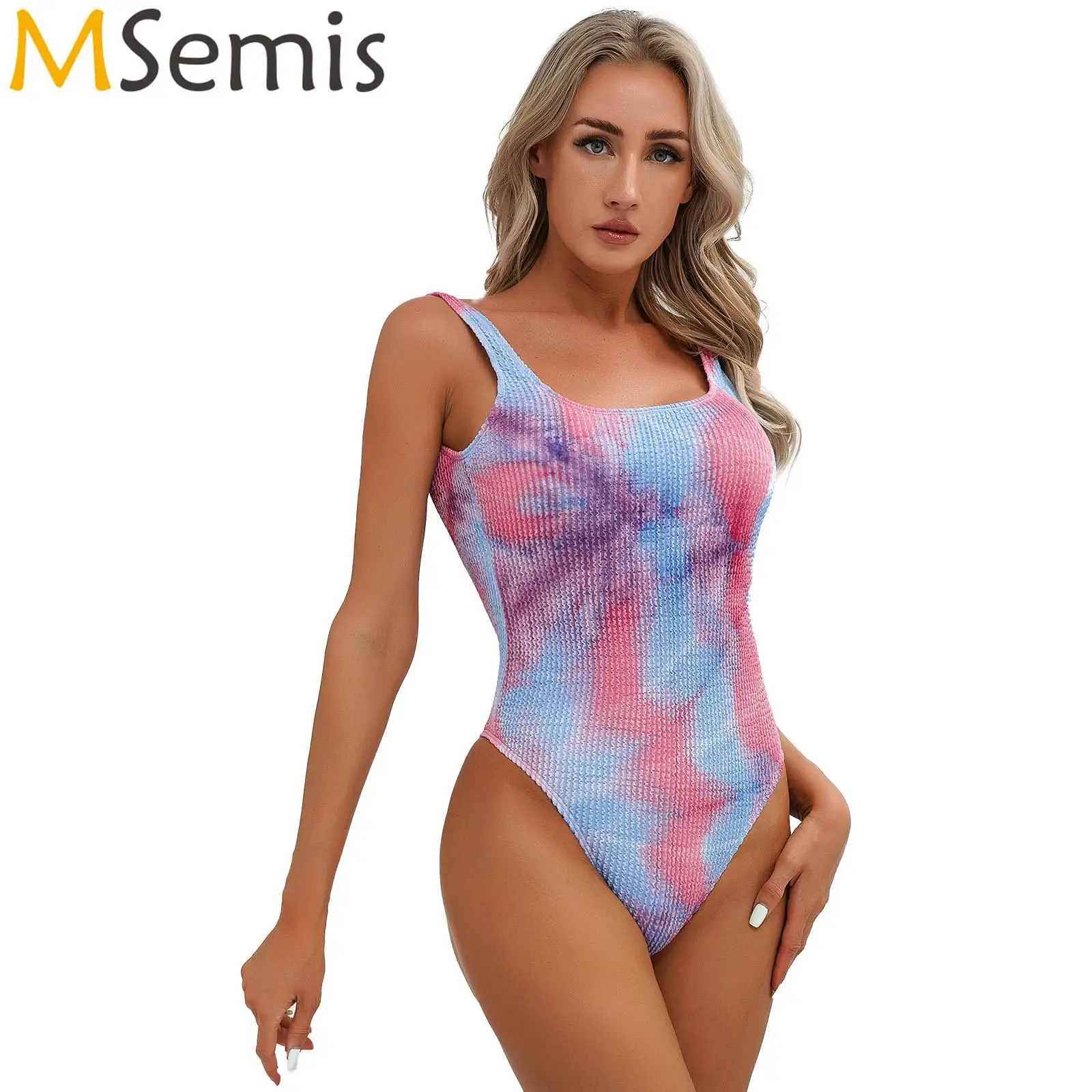 

Womens Seaside Swimwear Cruise Pool Party Beachwear Fashion U Neck Sleeveless High Cut Leotard Bodysuit One-Piece Swimsuit