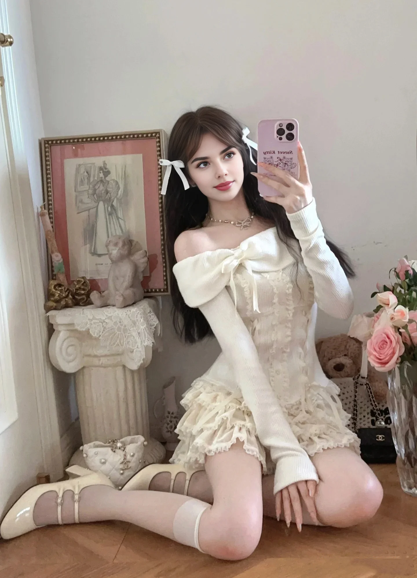 Women Fall y2k Sexy White Pink Purple Knitted 2 Piece Matching Sets Coquette Gyaru Bow Off Shoulder Outfits Cutecore mini Skirts