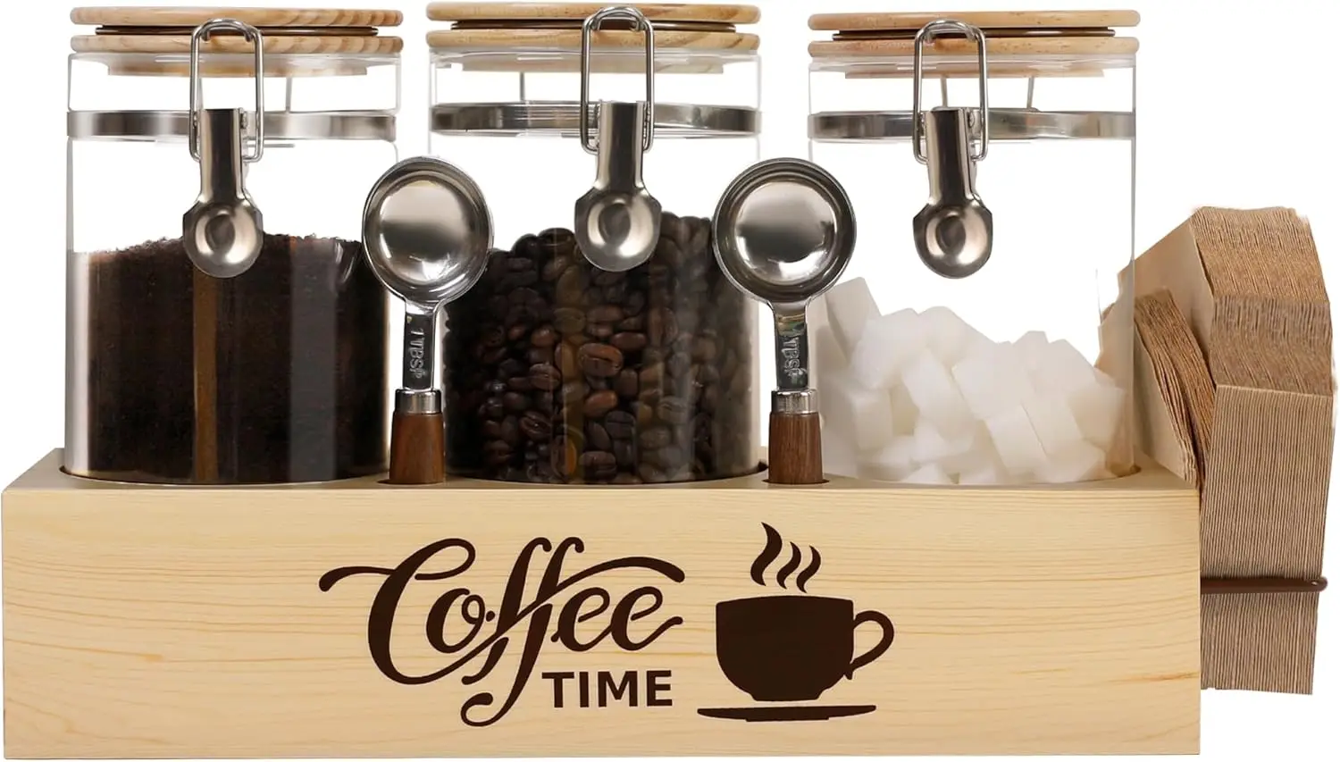

Набор из 3 стеклянных банок для кофе с деревянной подставкой и ложками - герметичное хранение для организации кухни
