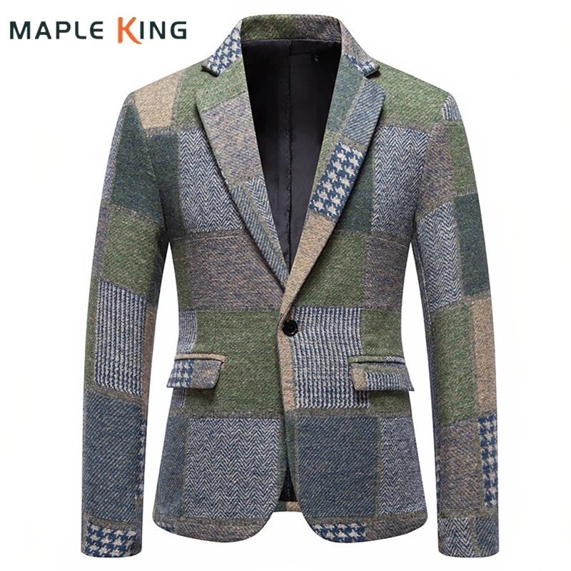 Vintage Plaid Wool Blend Patchwork Color Blazer Masculinos for Man Suit Jacket 2026 Luxury Designer Dress Chaqueta Formal Hombre