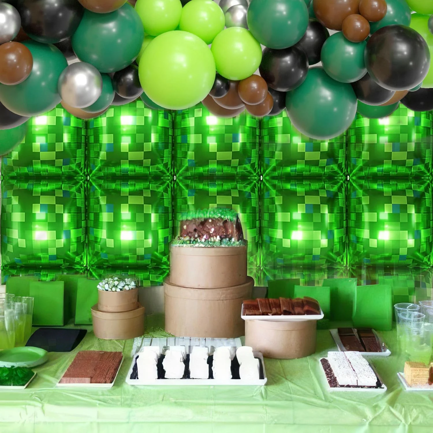 Game Themed Party Balloon Set, Pixel Green Grid Square Balloons, Birthday Party Balloons, Black Green Brown Balloon Decoration