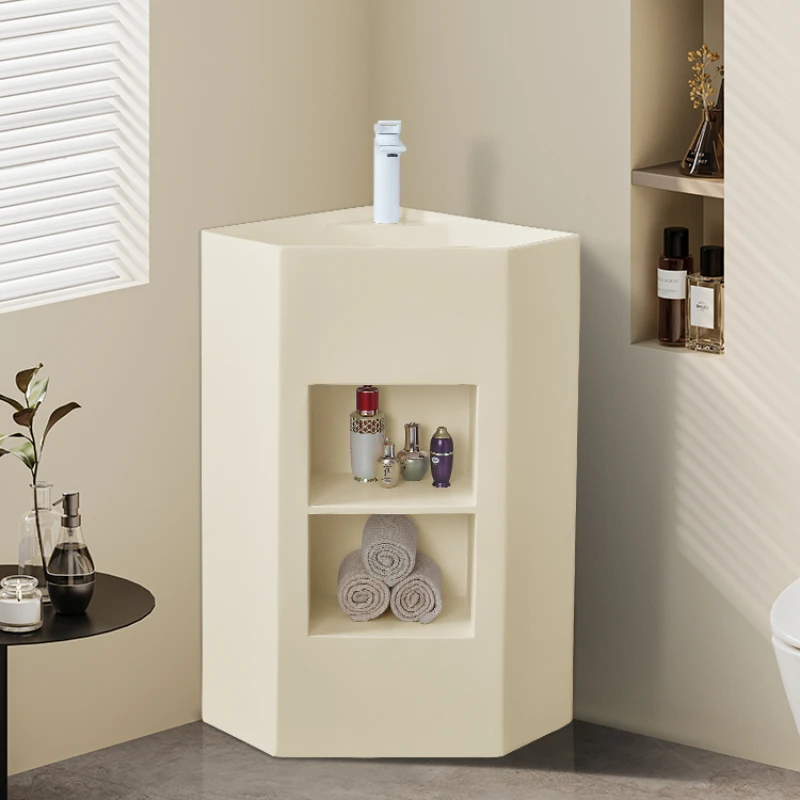 

Cream style bathroom corner column washbasin creative triangle floor standing washbasin for small