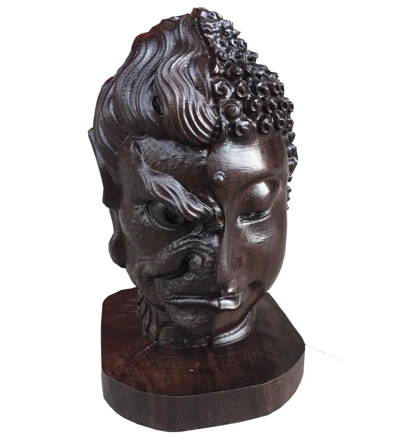 

8" Agilawood Carved Buddha Demon Statue Good Evil Buddhism Zen Decor