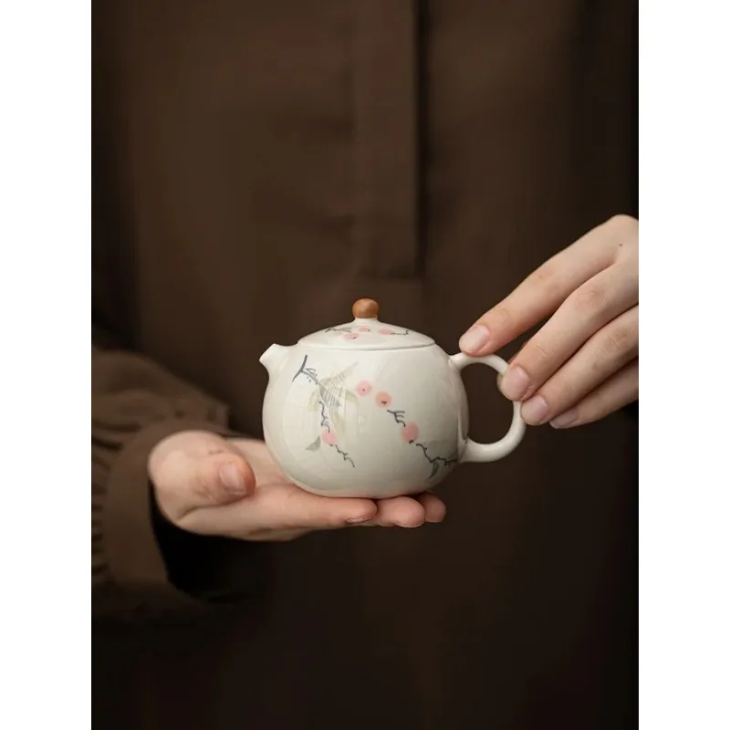 Hand Painted Grass and Wood grayTeapot Household Large Ceramic Teapot Single Pot Kung Fu Tea Set Tea Ceremony Tea Divider