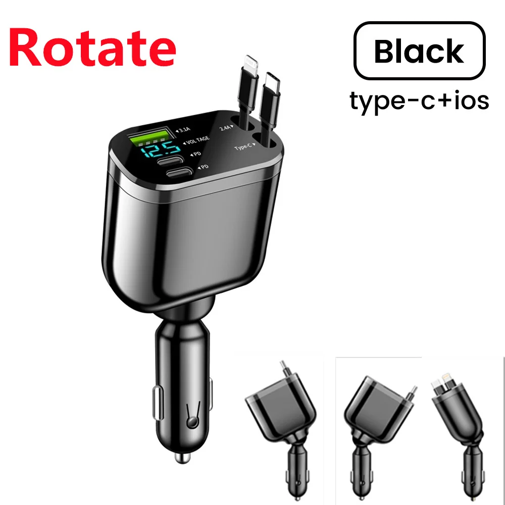 Elough 5 IN 1 Car Charger Retractable USB C to Lightning Cable 2 Type C Port Car USB Charger For IPhone Phone Adapter Compatible