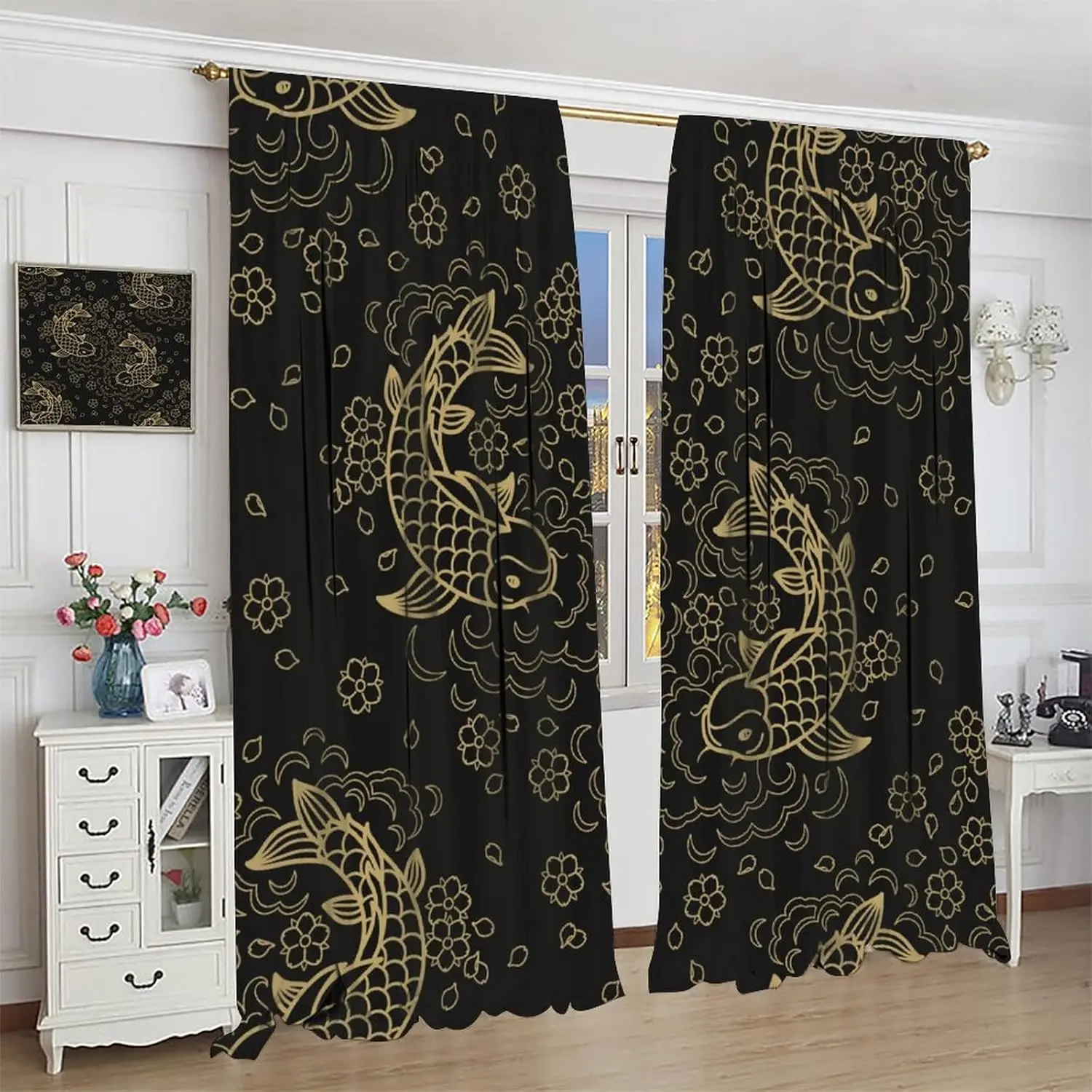 Japanese Koi Fish Curtains,Petals Koi Silhouette Asian Style Blackout Rod Pocket Window Drapes for Living Room Bedroom Kitchen