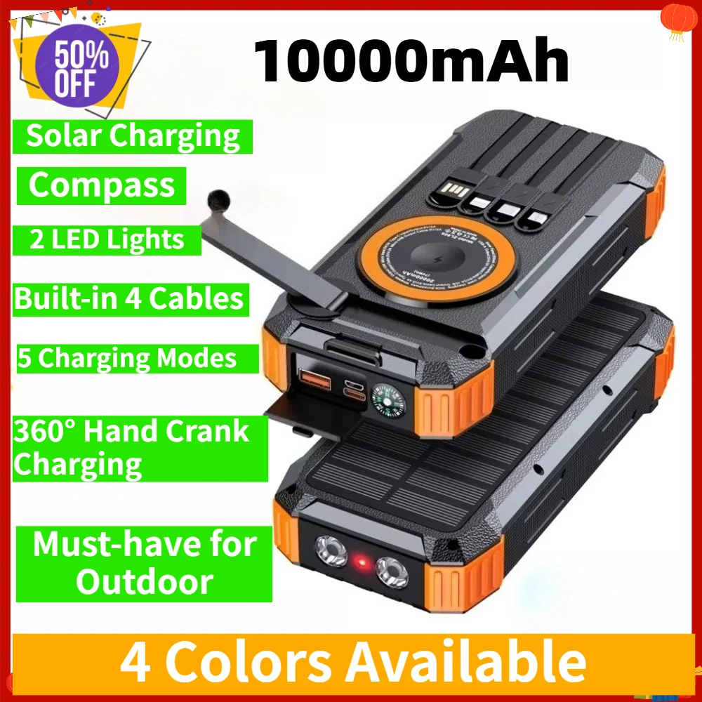 10000mAh Solar Power Bank 5-in-1 Built-in 4 Cables Wireless Magnetic Outdoor Portable Charger for IPhone Huawei Samsung