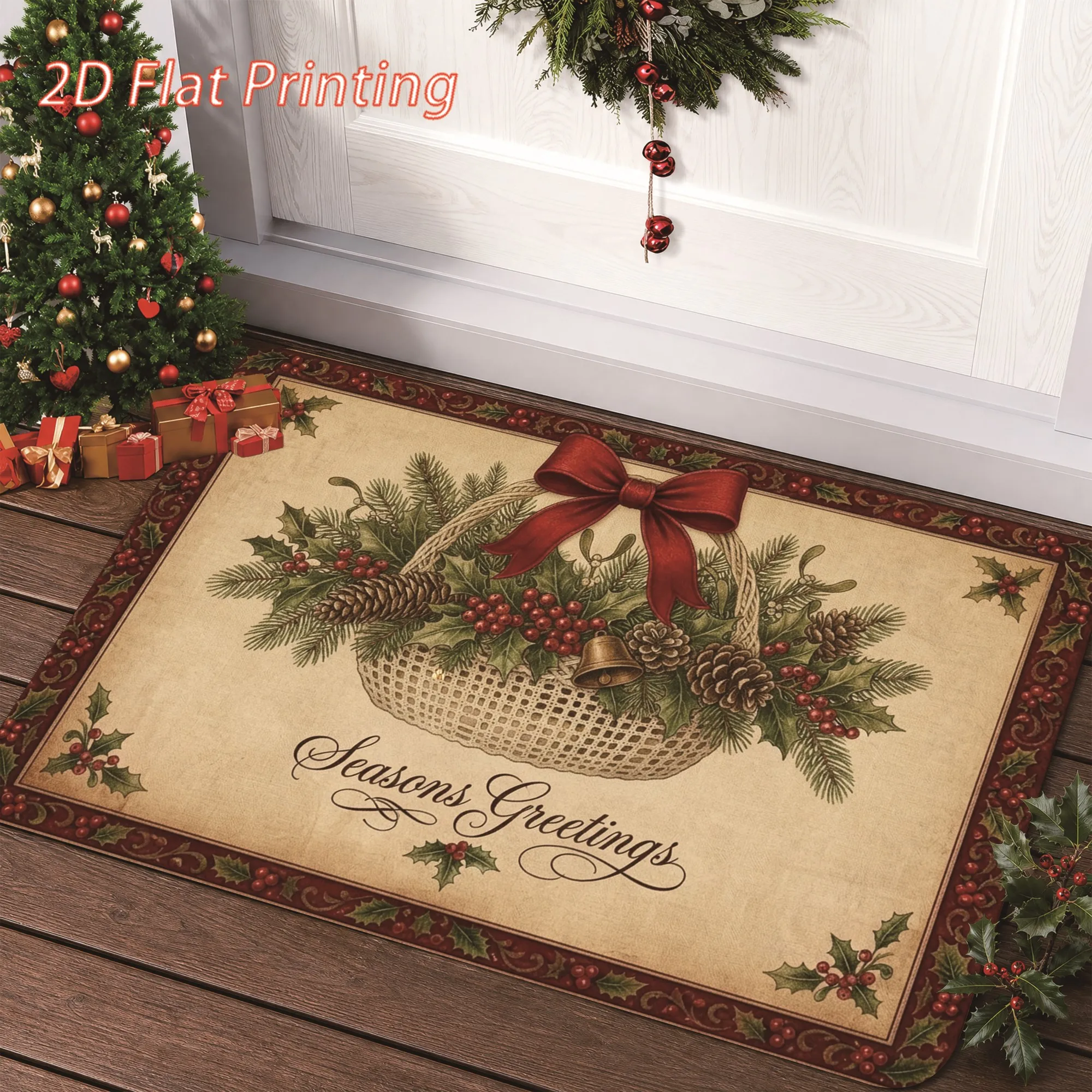 Xmas Seasons Greetings Pattern Floor Rug Vintage Basket Pine Holly Printed Carpet For Living Room Holiday Decor