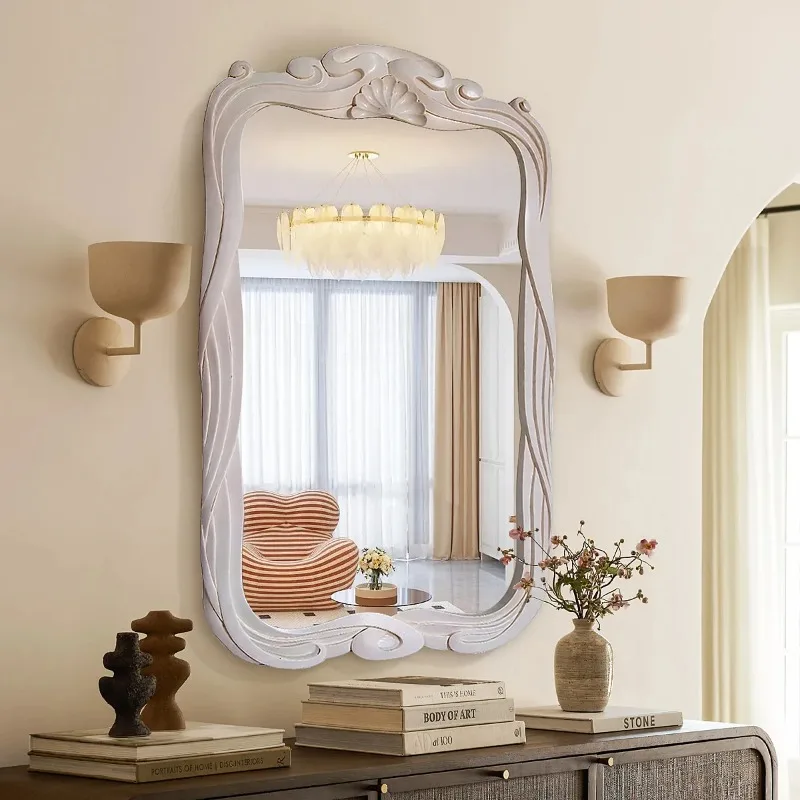 Italian light luxury square carved makeup mirror retro high value decorative mirror home living room entrance wall wall hanging